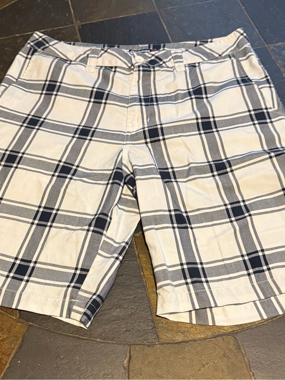 Quiksilver Men's White Plaid Shorts with Navy Stripes
